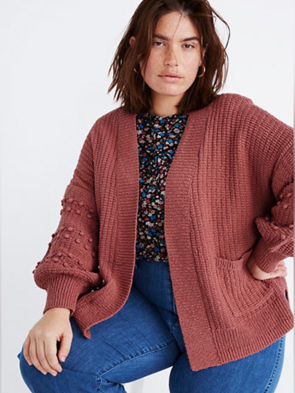 Madewell Bobble pompom Cardigan Sweater Size L Mauve Pink Slouchy Oversized
